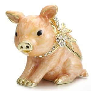 Hand Painted Gold and Cream Pig With Rhinestone Trinket Box.